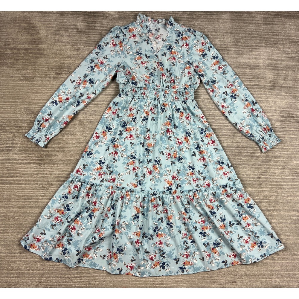 Unbranded Floral Midi Dress Womens Medium Light Blue Smocked Waist Boho Ruffle